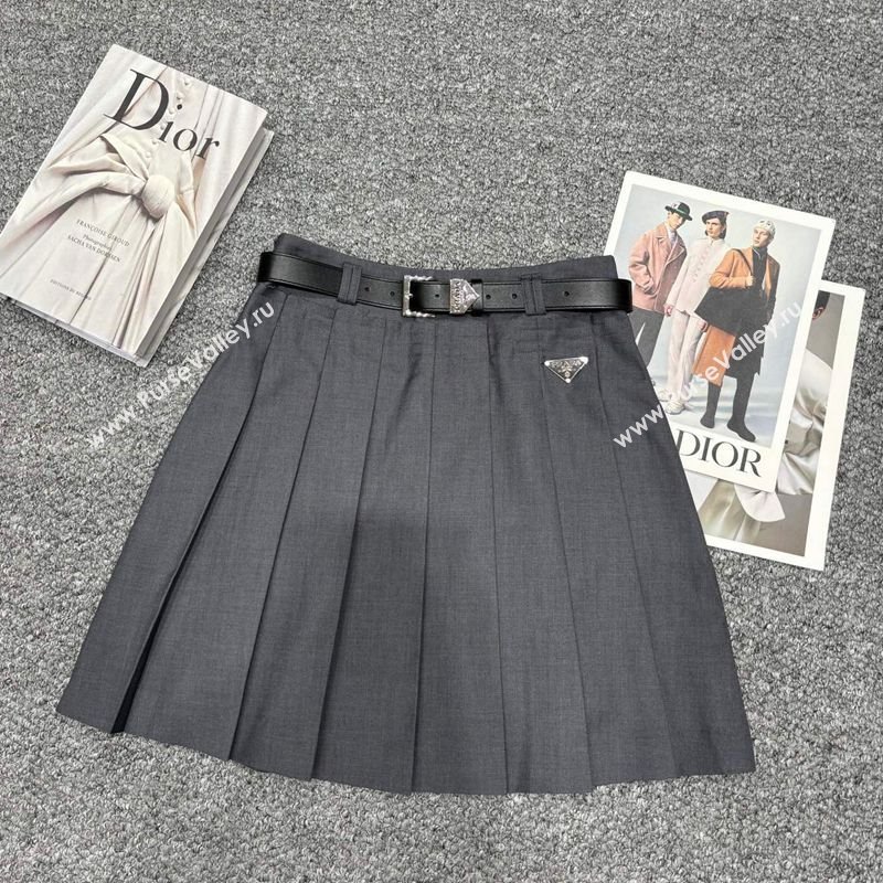 Prada Pleated Cotton Mini Skirt Grey 250430034 (QI-250430034)