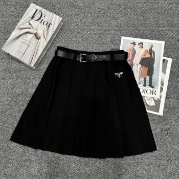 Prada Pleated Cotton Mini Skirt Black 250430034 (QI-250430035)