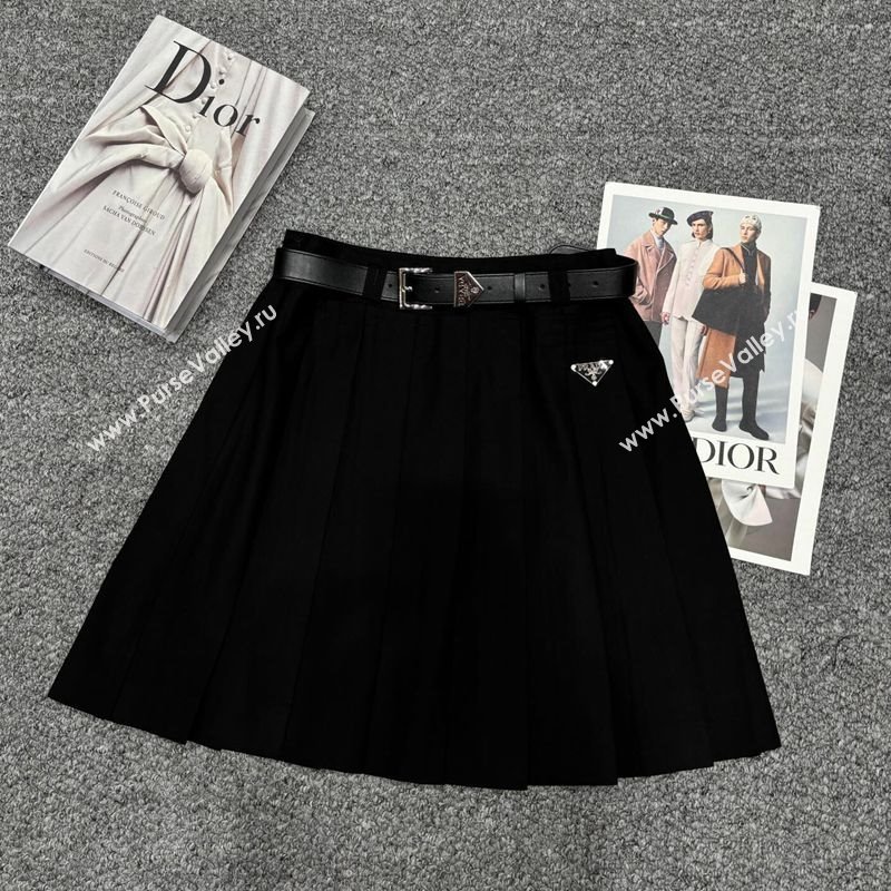 Prada Pleated Cotton Mini Skirt Black 250430034 (QI-250430035)