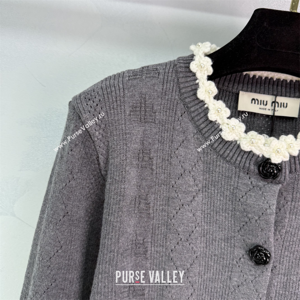 Miu Miu Wool Knit Cardigan with Bloom Grey 2025 0814 (QI-250814004)