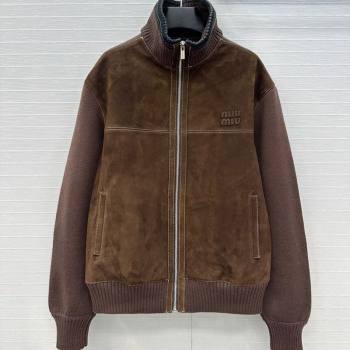 Miu Miu Sheepskin Suede and Knit Jacket Dark Brown 2025 0814 (QI-250814018)
