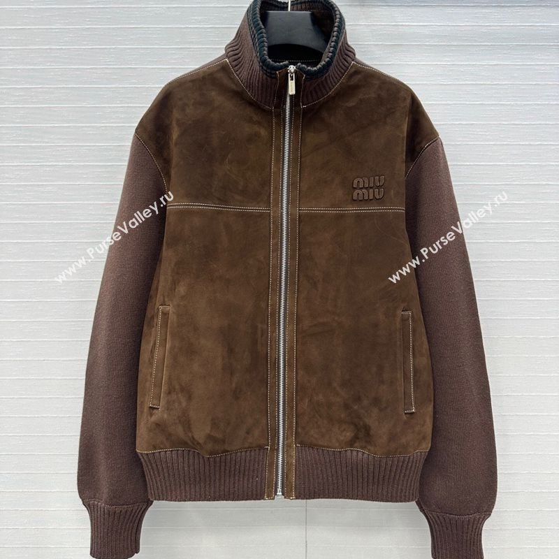 Miu Miu Sheepskin Suede and Knit Jacket Dark Brown 2025 0814 (QI-250814018)
