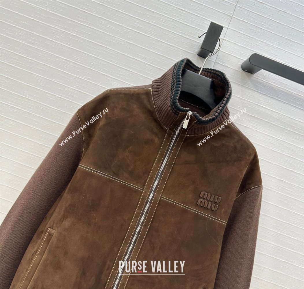 Miu Miu Sheepskin Suede and Knit Jacket Dark Brown 2025 0814 (QI-250814018)