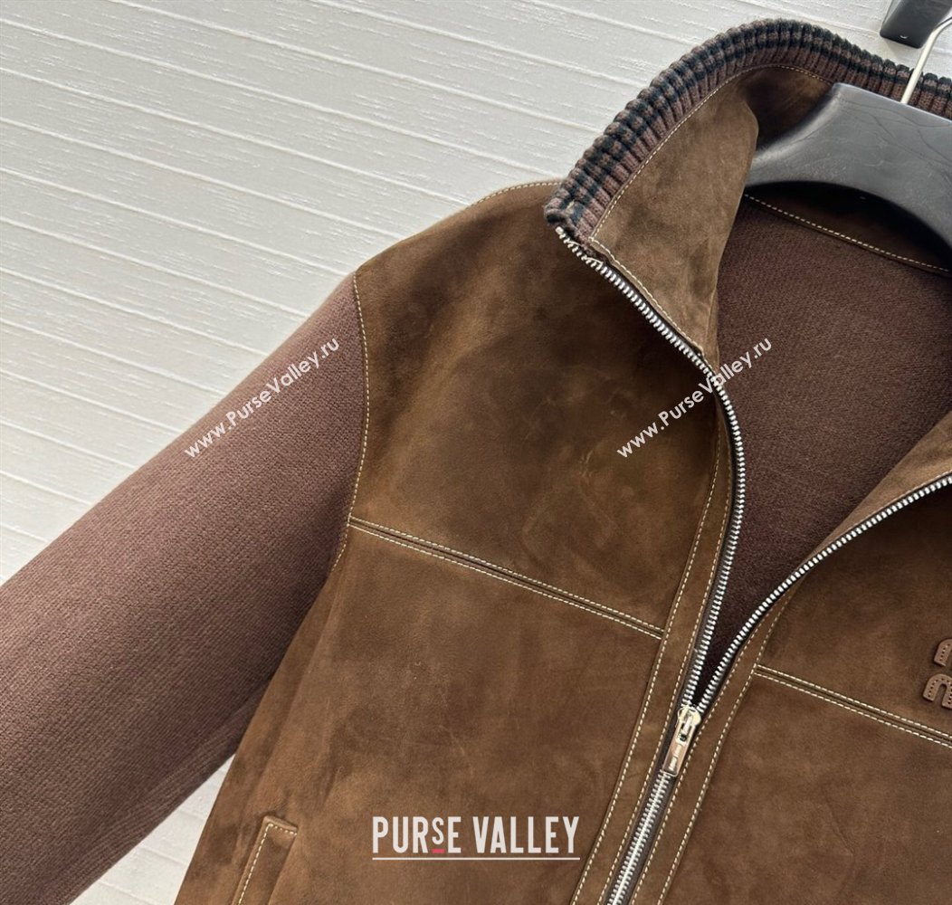 Miu Miu Sheepskin Suede and Knit Jacket Dark Brown 2025 0814 (QI-250814018)