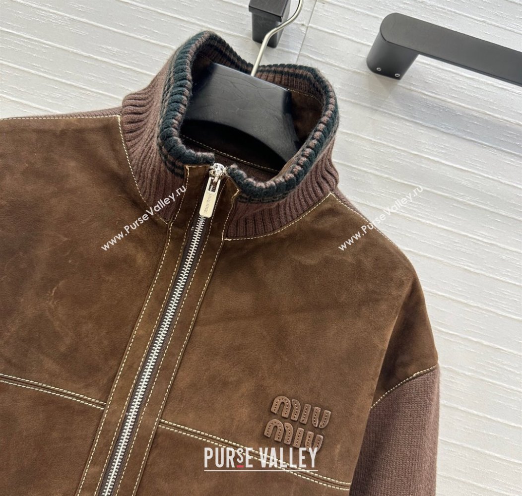 Miu Miu Sheepskin Suede and Knit Jacket Dark Brown 2025 0814 (QI-250814018)