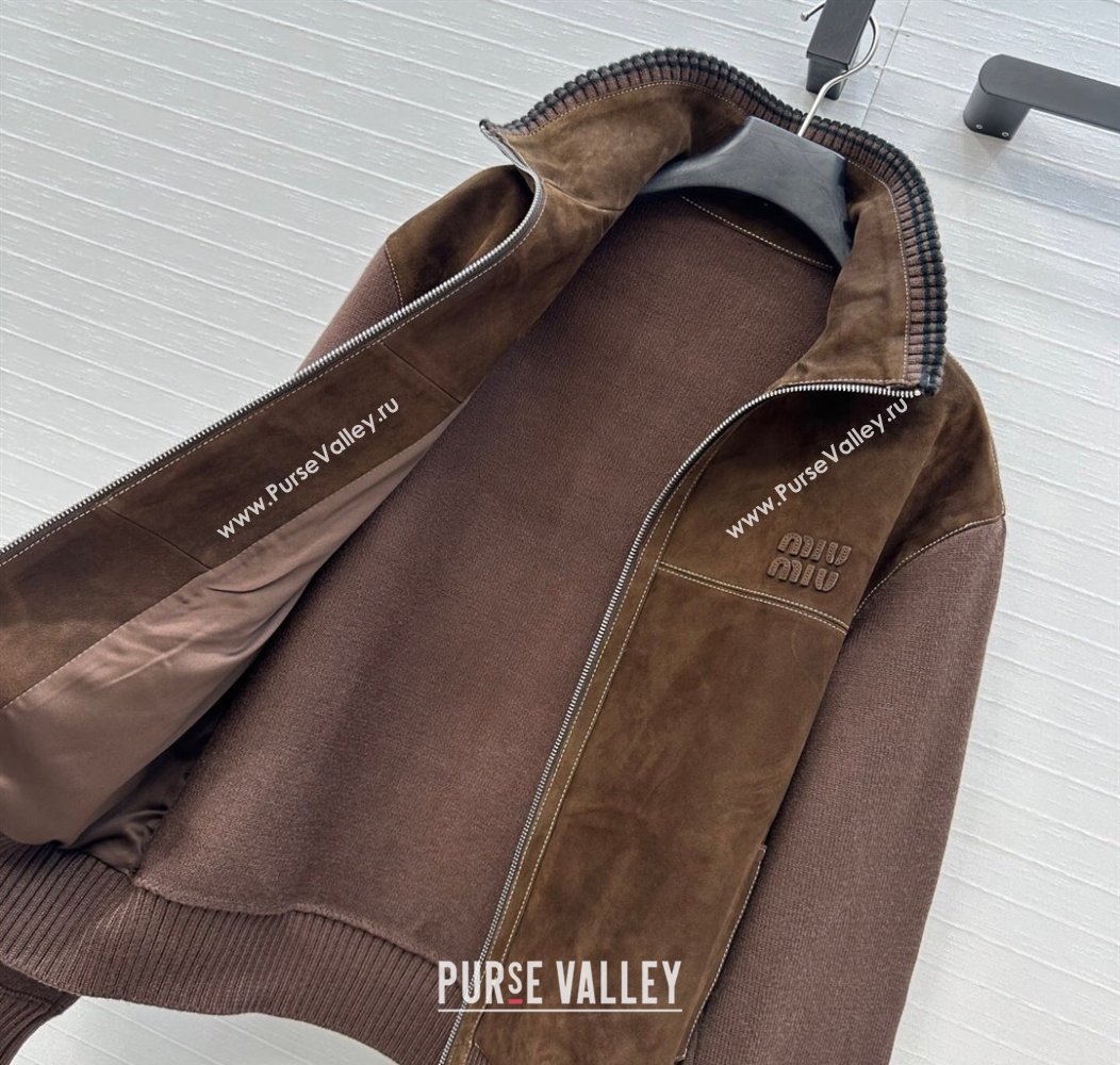 Miu Miu Sheepskin Suede and Knit Jacket Dark Brown 2025 0814 (QI-250814018)