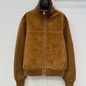 Miu Miu Sheepskin Suede and Knit Jacket Tan Brown 2025 0814 (QI-250814019)