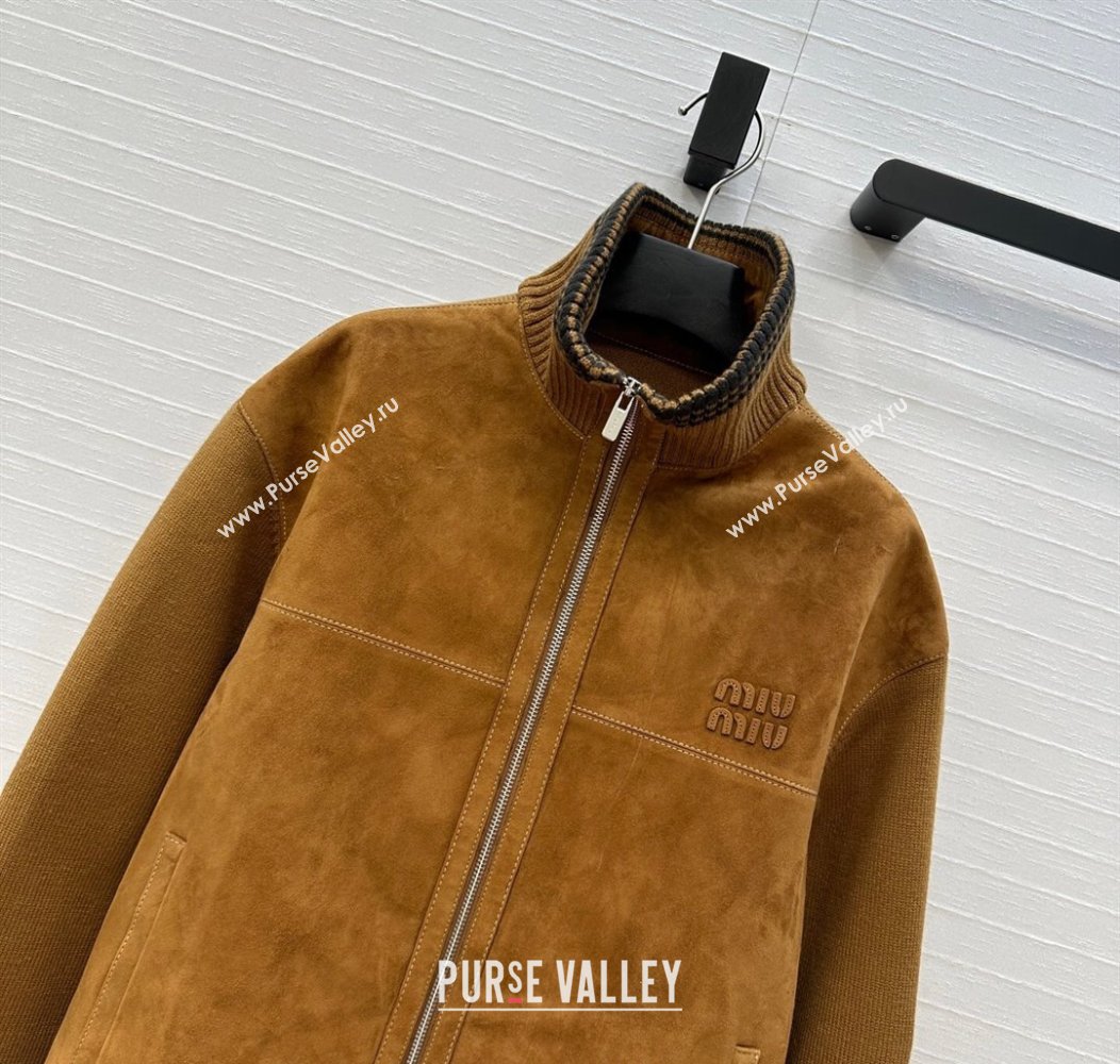 Miu Miu Sheepskin Suede and Knit Jacket Tan Brown 2025 0814 (QI-250814019)