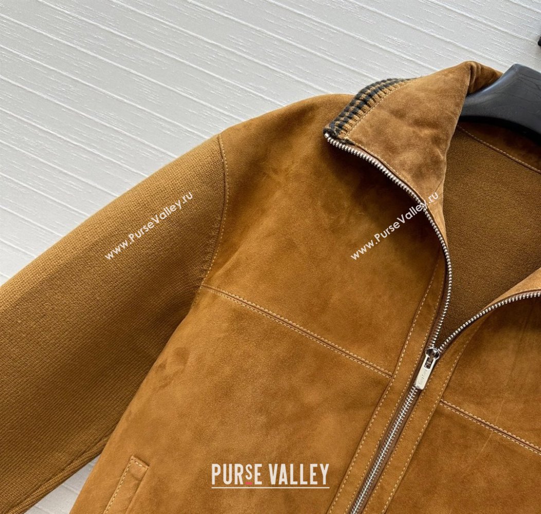 Miu Miu Sheepskin Suede and Knit Jacket Tan Brown 2025 0814 (QI-250814019)