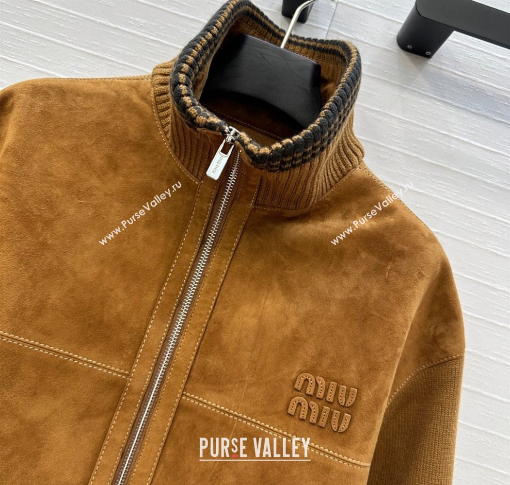 Miu Miu Sheepskin Suede and Knit Jacket Tan Brown 2025 0814 (QI-250814019)