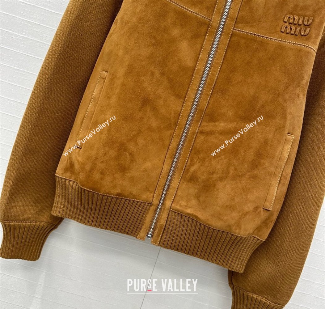 Miu Miu Sheepskin Suede and Knit Jacket Tan Brown 2025 0814 (QI-250814019)