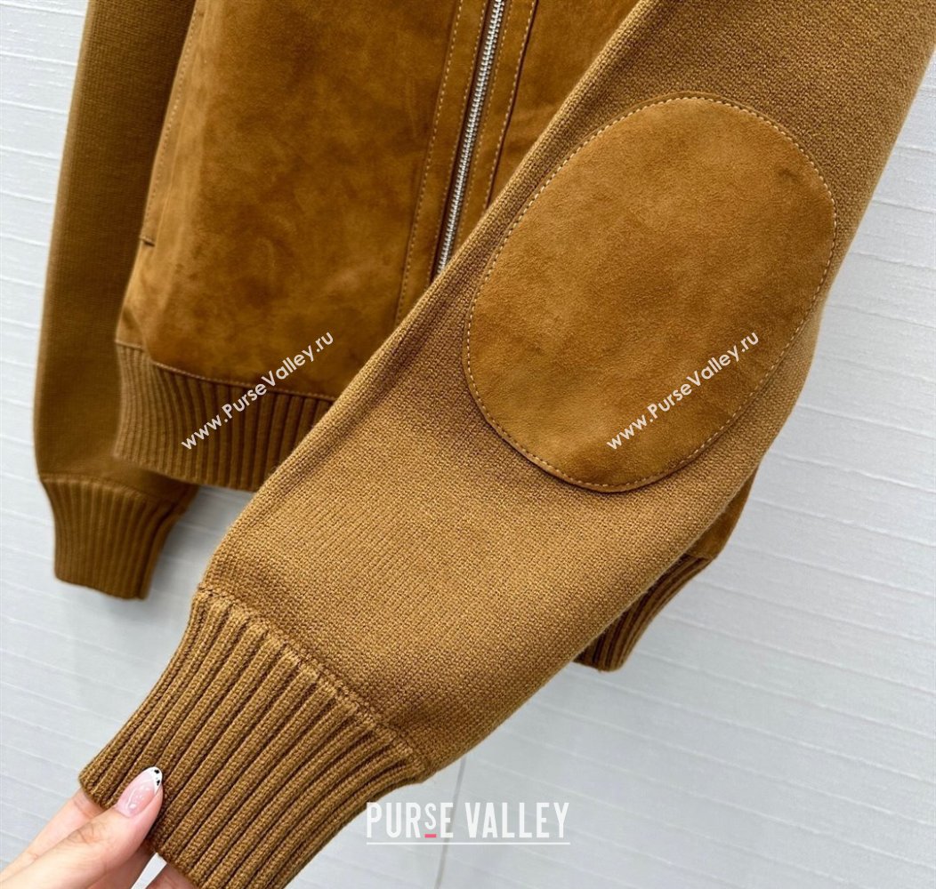 Miu Miu Sheepskin Suede and Knit Jacket Tan Brown 2025 0814 (QI-250814019)