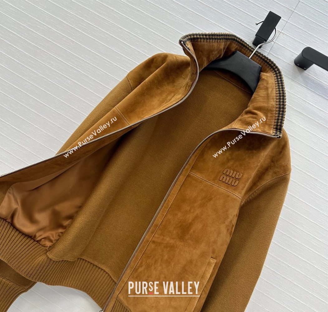 Miu Miu Sheepskin Suede and Knit Jacket Tan Brown 2025 0814 (QI-250814019)
