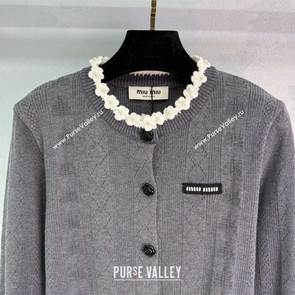 Miu Miu Wool Knit Cardigan with Bloom Grey 2025 0814 (QI-250814004)