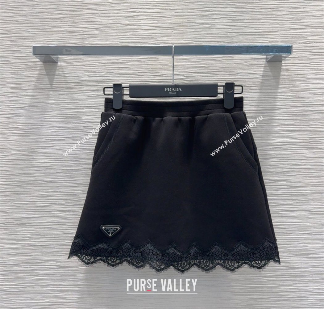 Prada Sweatshirt and Mini Skirt Set with Lace Trim Black 2025 PR090402 (QI-250904005)