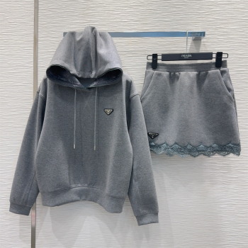 Prada Sweatshirt and Mini Skirt Set with Lace Trim 2025 PR090402 (QI-250904004)