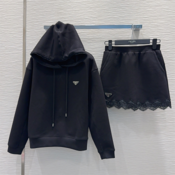 Prada Sweatshirt and Mini Skirt Set with Lace Trim Black 2025 PR090402 (QI-250904005)