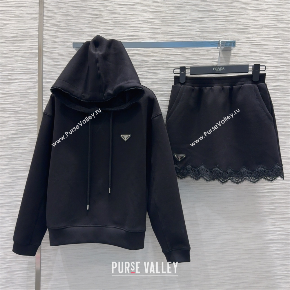 Prada Sweatshirt and Mini Skirt Set with Lace Trim Black 2025 PR090402 (QI-250904005)
