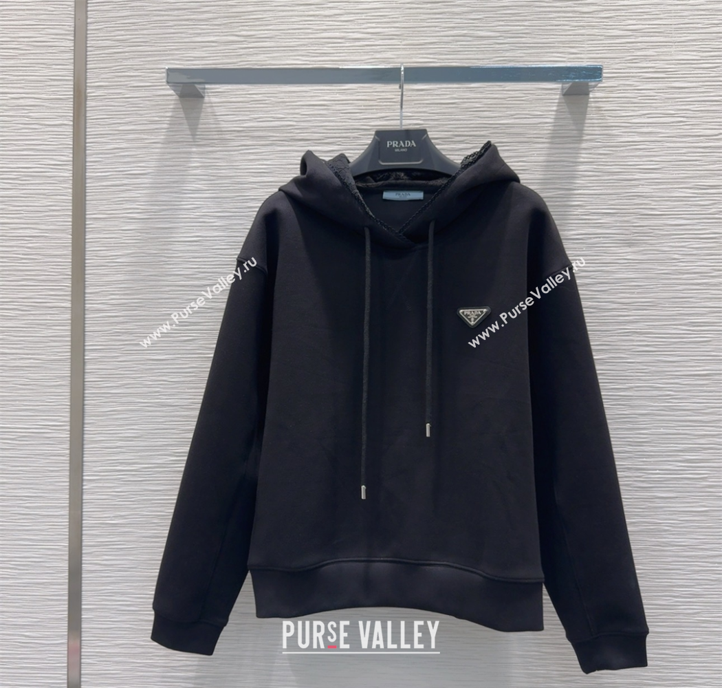 Prada Sweatshirt and Mini Skirt Set with Lace Trim Black 2025 PR090402 (QI-250904005)