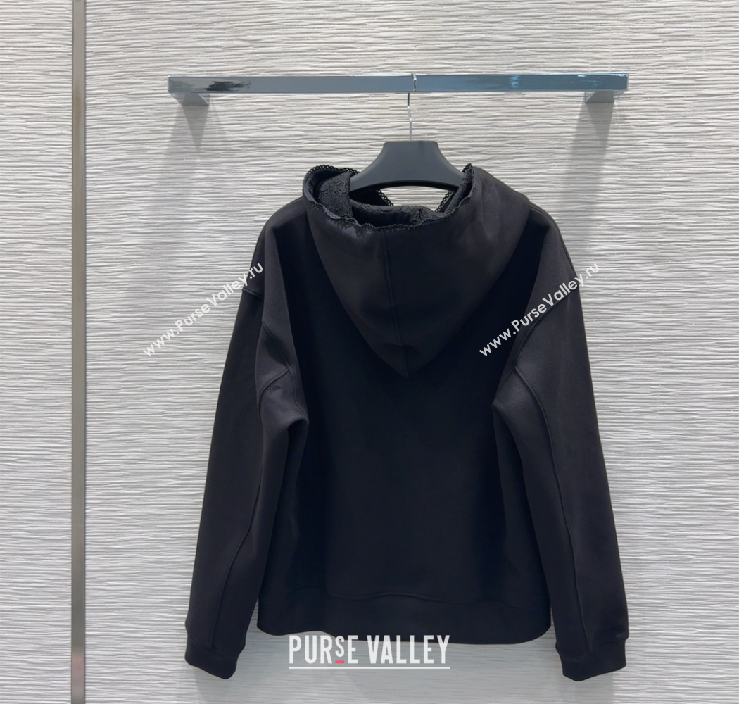 Prada Sweatshirt and Mini Skirt Set with Lace Trim Black 2025 PR090402 (QI-250904005)