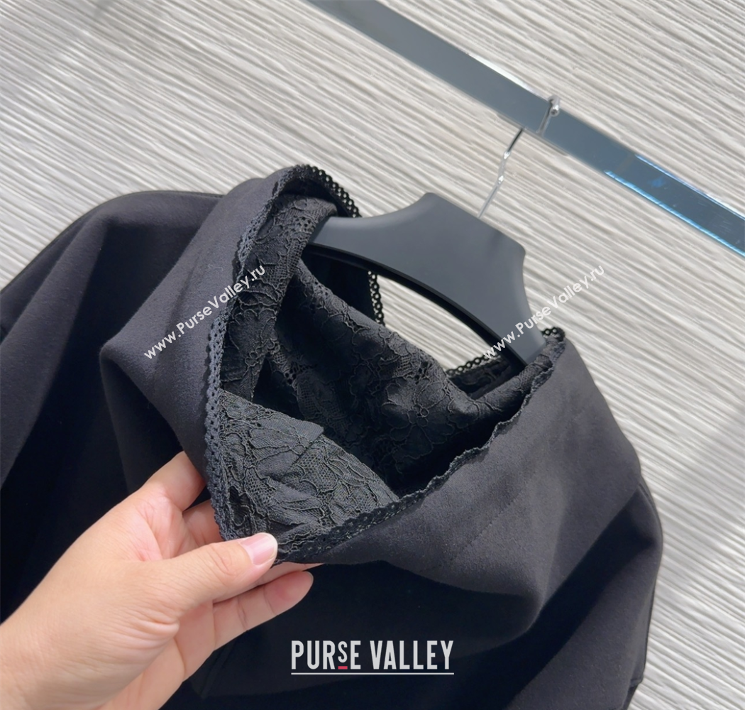 Prada Sweatshirt and Mini Skirt Set with Lace Trim Black 2025 PR090402 (QI-250904005)
