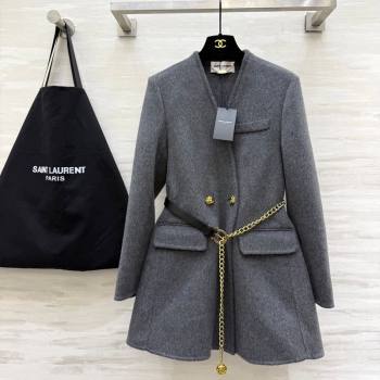 Saint Laurent Wool Chain Coat Grey 2025 YSL122611 (QI-251226066)