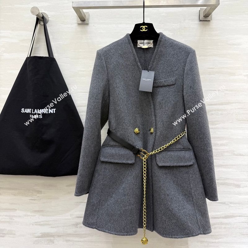 Saint Laurent Wool Chain Coat Grey 2025 YSL122611 (QI-251226066)