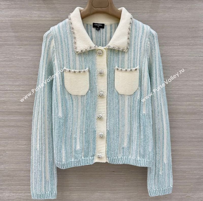 Chanel Knit Cardigan with Chain Blue/White 2026 CH031108 (QI-260311049)