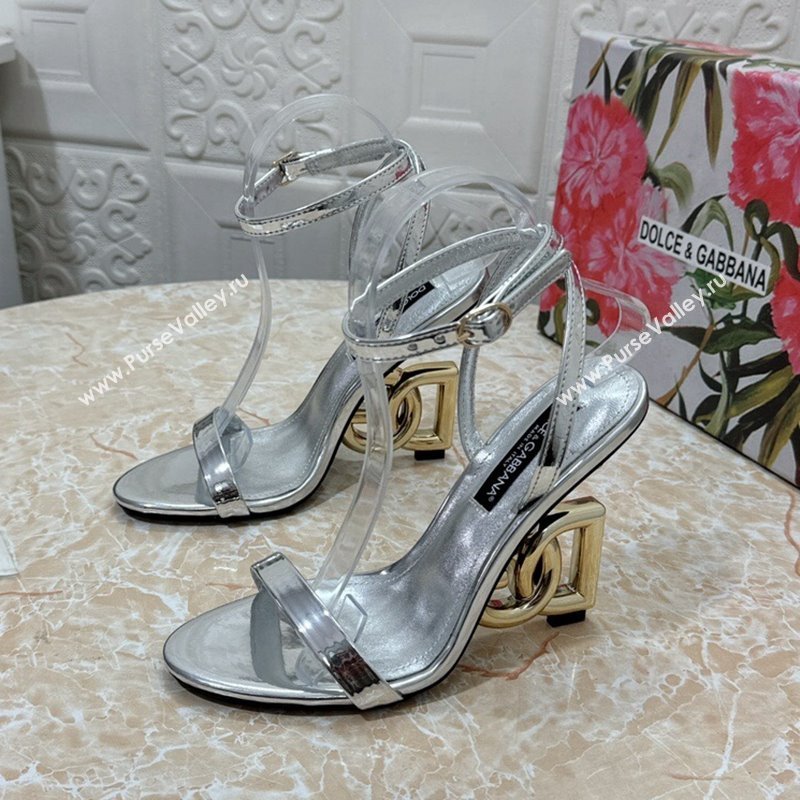 Dolce Gabbana Patent Calfskin Sandals 10.5cm with DG Heel Silver 2024 0325 (MD-240325103)