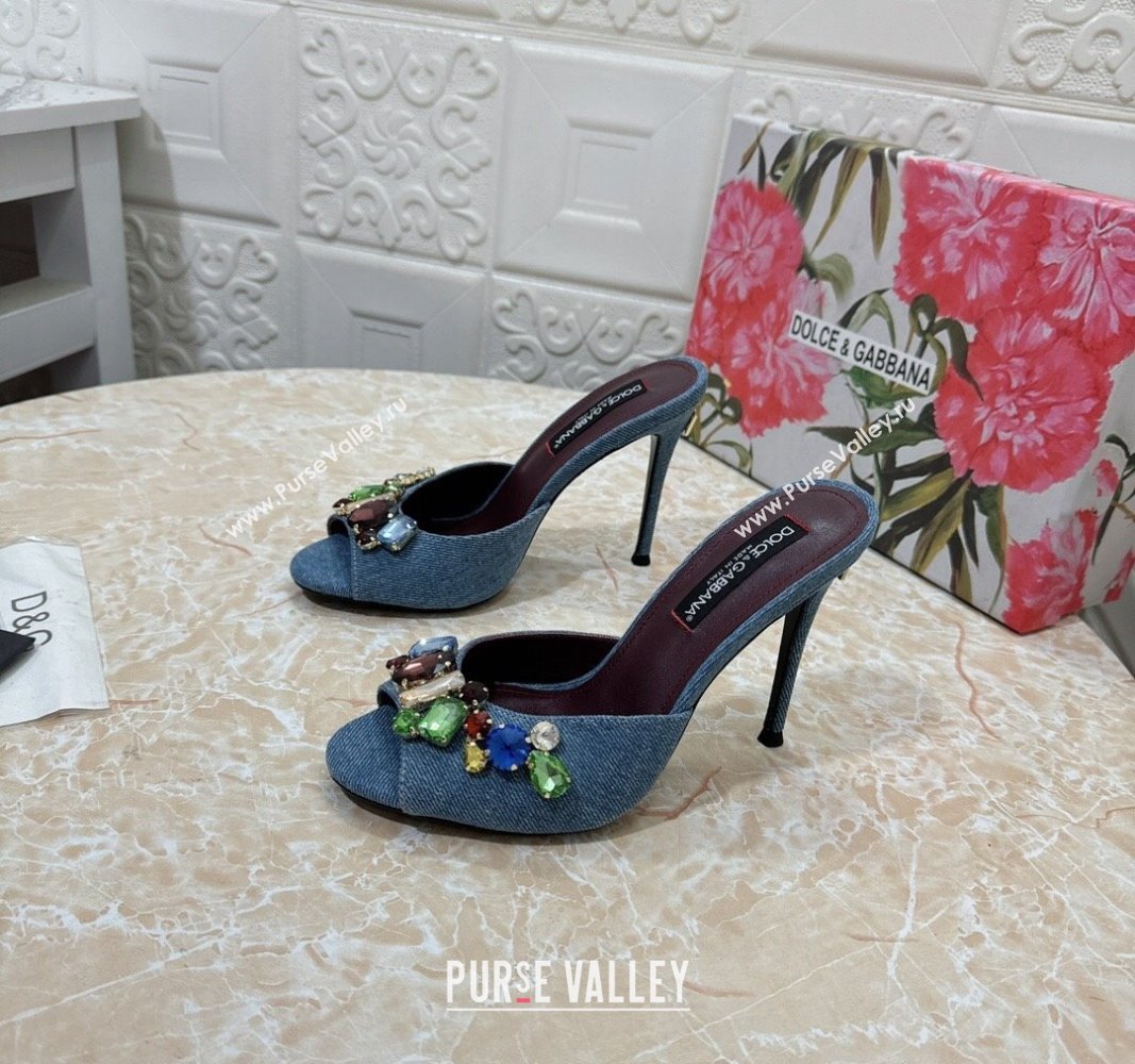 Dolce Gabbana DG Denim Heel Slide Sandals 10.5cm with Crystal Stone Charm Blue 2024 (MD-240325127)