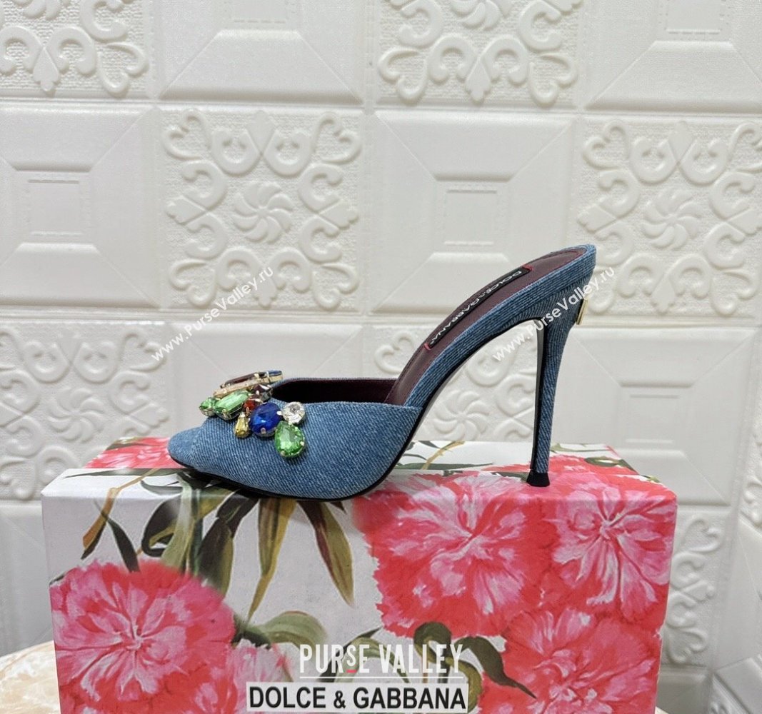 Dolce Gabbana DG Denim Heel Slide Sandals 10.5cm with Crystal Stone Charm Blue 2024 (MD-240325127)