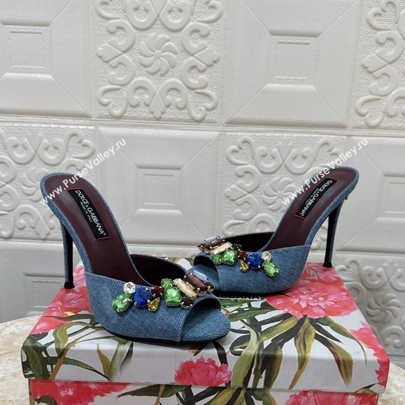 Dolce Gabbana DG Denim Heel Slide Sandals 10.5cm with Crystal Stone Charm Blue 2024 (MD-240325127)