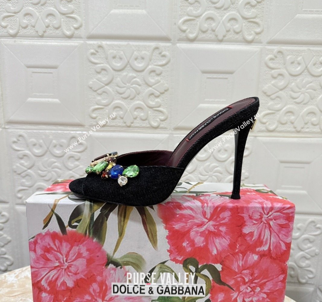 Dolce Gabbana DG Denim Heel Slide Sandals 10.5cm with Crystal Stone Charm Black 2024 (MD-240325128)