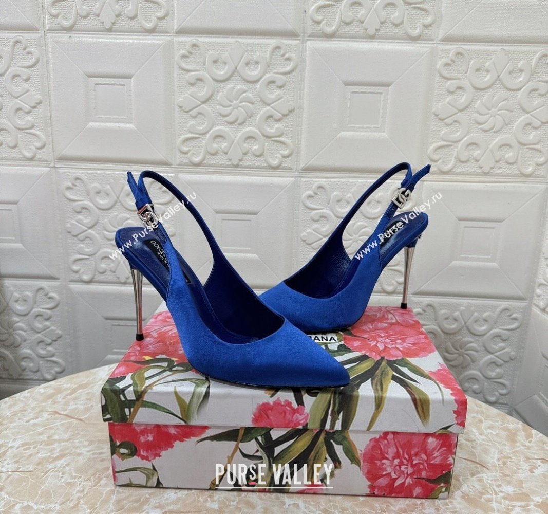 Dolce Gabbana Silk Slingback Pumps 10.5cm with DG Buckle Blue 2024 0325 (MD-240325132)