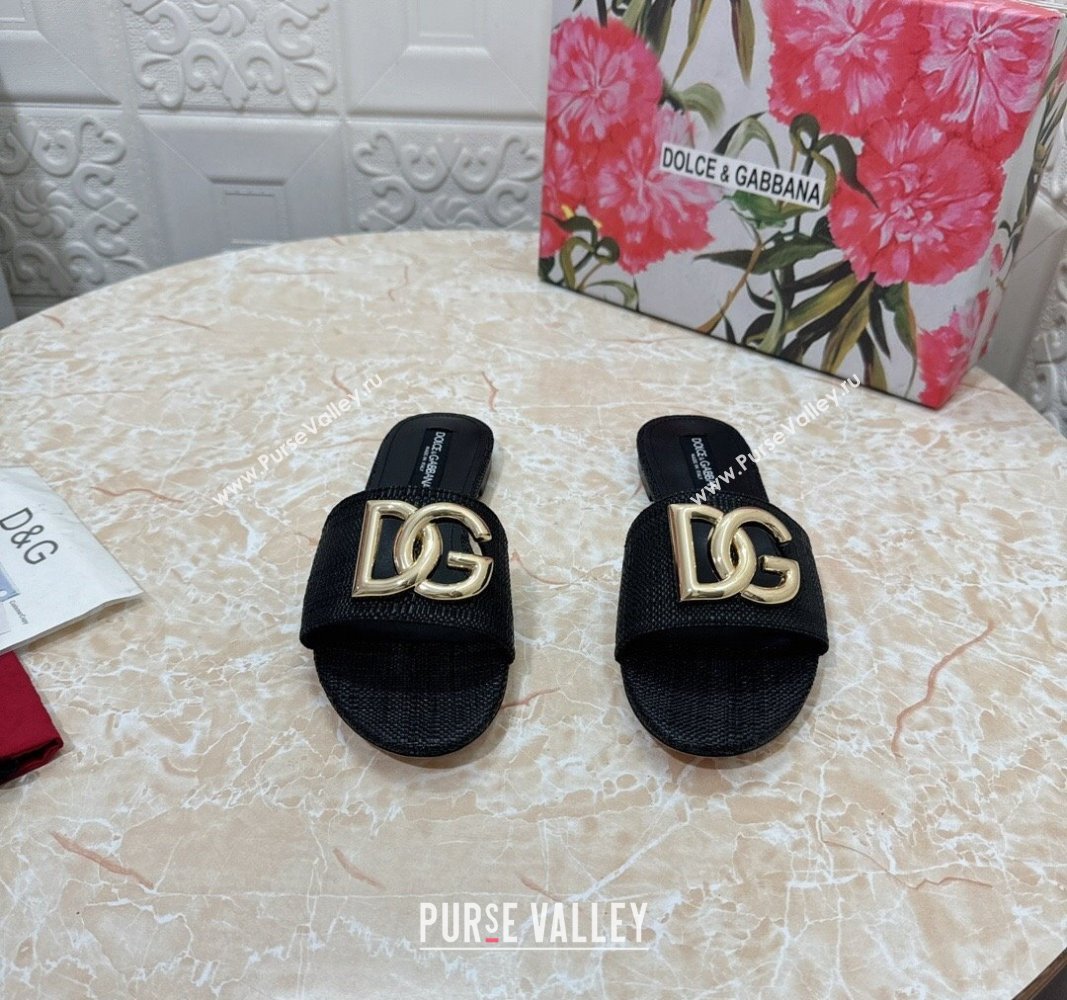 Dolce Gabbana DG Straw-Like Flat Slide Sandals Black 2024 0325 (MD-240325120)