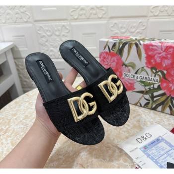 Dolce Gabbana DG Straw-Like Flat Slide Sandals Black 2024 0325 (MD-240325120)