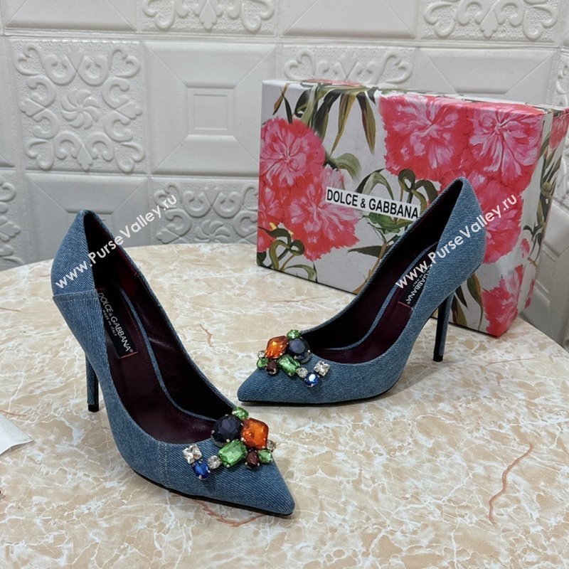 Dolce Gabbana DG Denim Pumps 10.5cm with Crystal Stone Charm Blue 2024 0325 (MD-240325082)