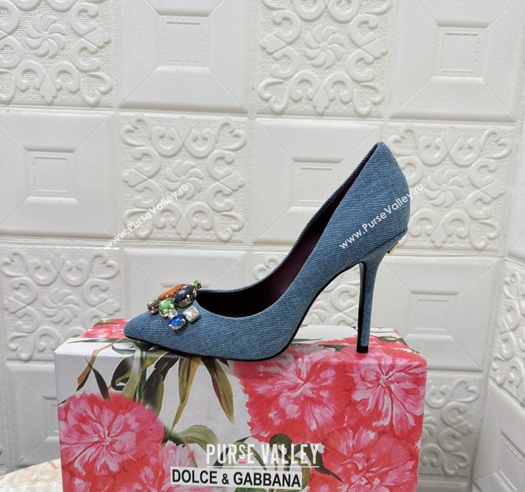 Dolce Gabbana DG Denim Pumps 10.5cm with Crystal Stone Charm Blue 2024 0325 (MD-240325082)