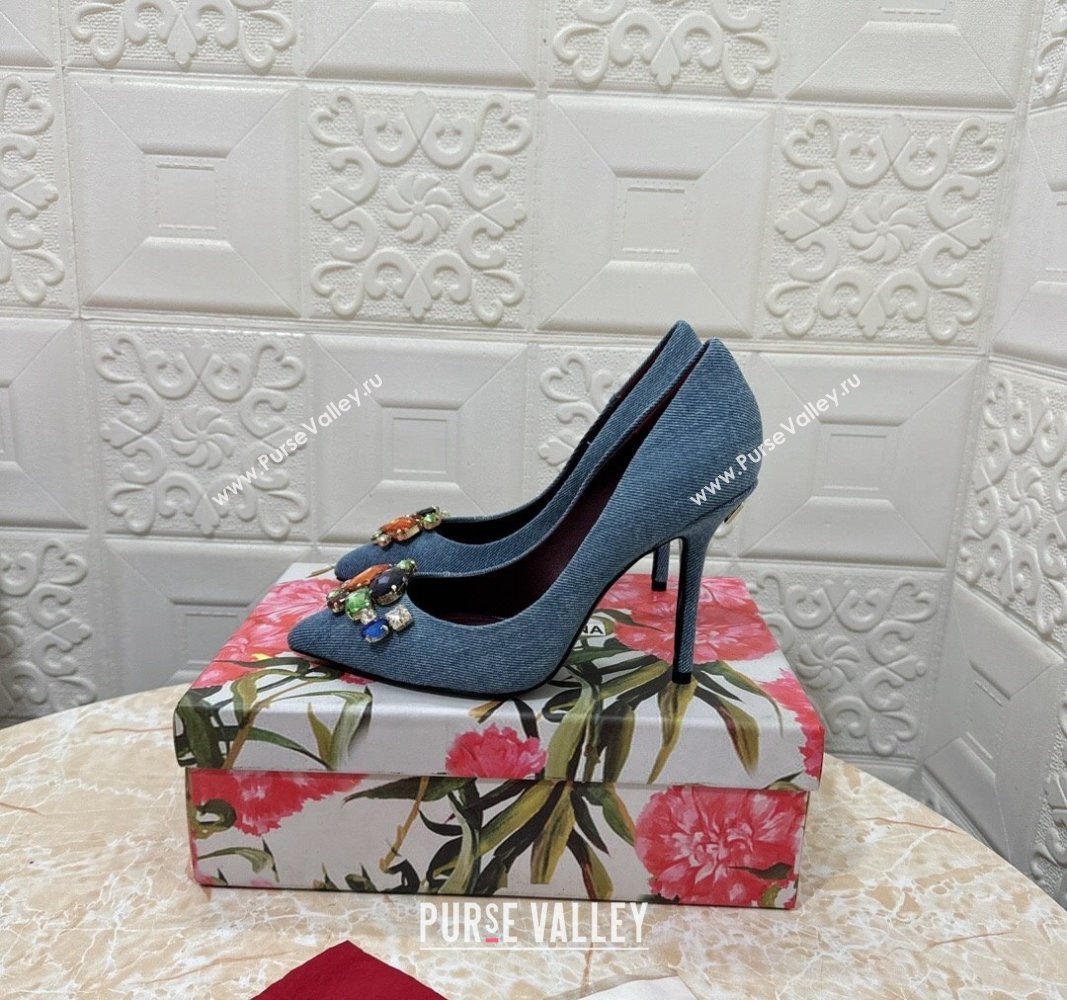 Dolce Gabbana DG Denim Pumps 10.5cm with Crystal Stone Charm Blue 2024 0325 (MD-240325082)