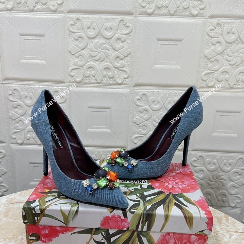 Dolce Gabbana DG Denim Pumps 10.5cm with Crystal Stone Charm Blue 2024 0325 (MD-240325082)