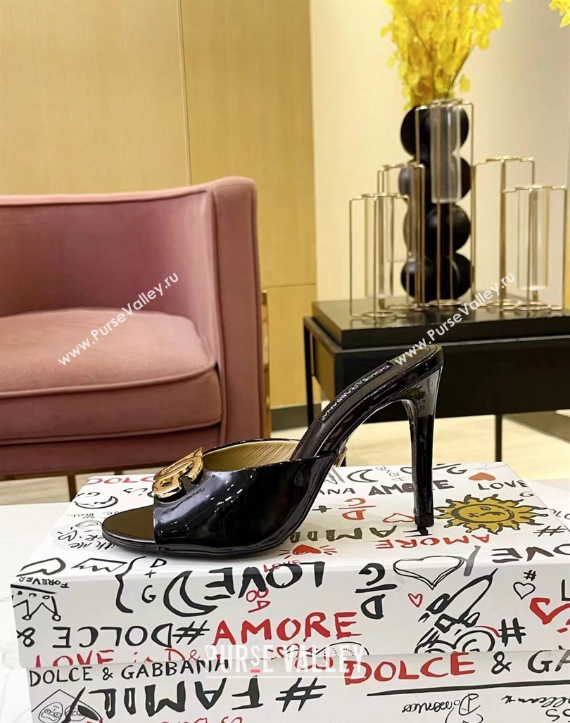 Dolce Gabbana DG Patent Calfskin Heel Slide Sandals Black 2024 0506 (MD-240506078)