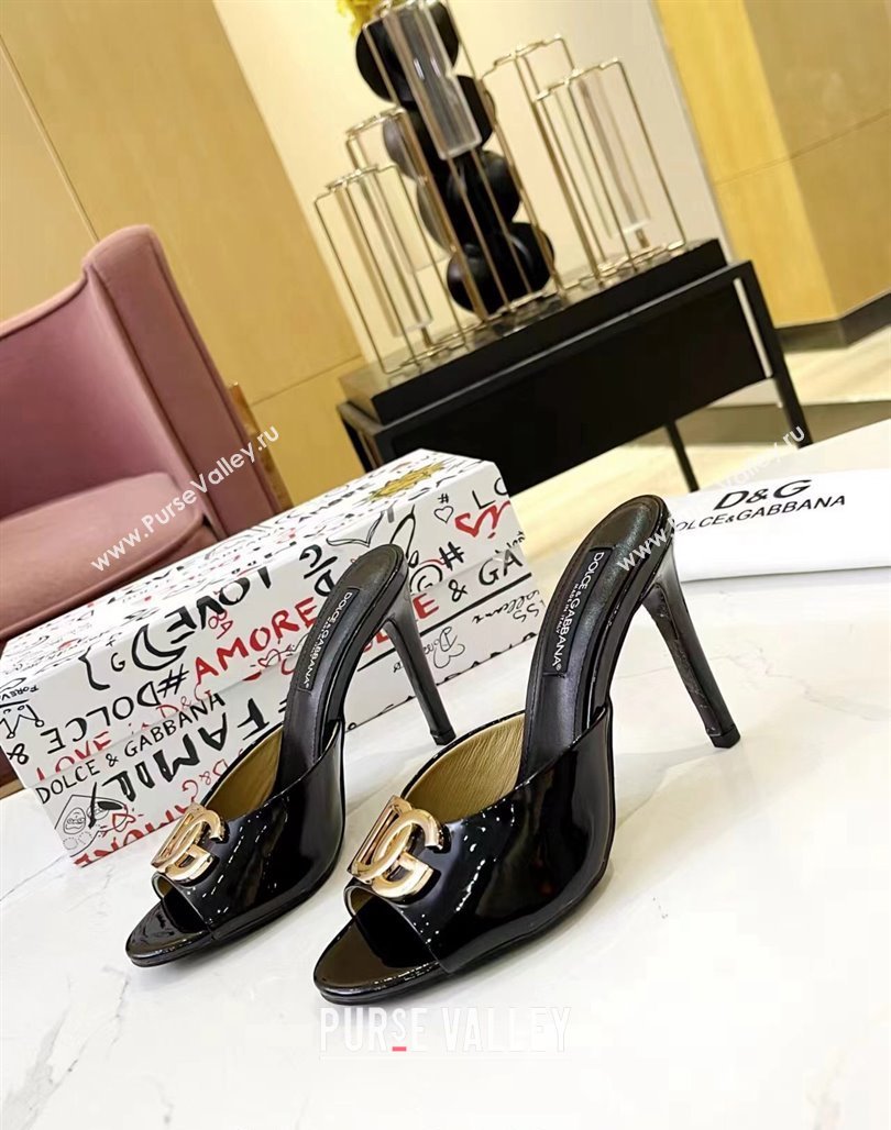 Dolce Gabbana DG Patent Calfskin Heel Slide Sandals Black 2024 0506 (MD-240506078)