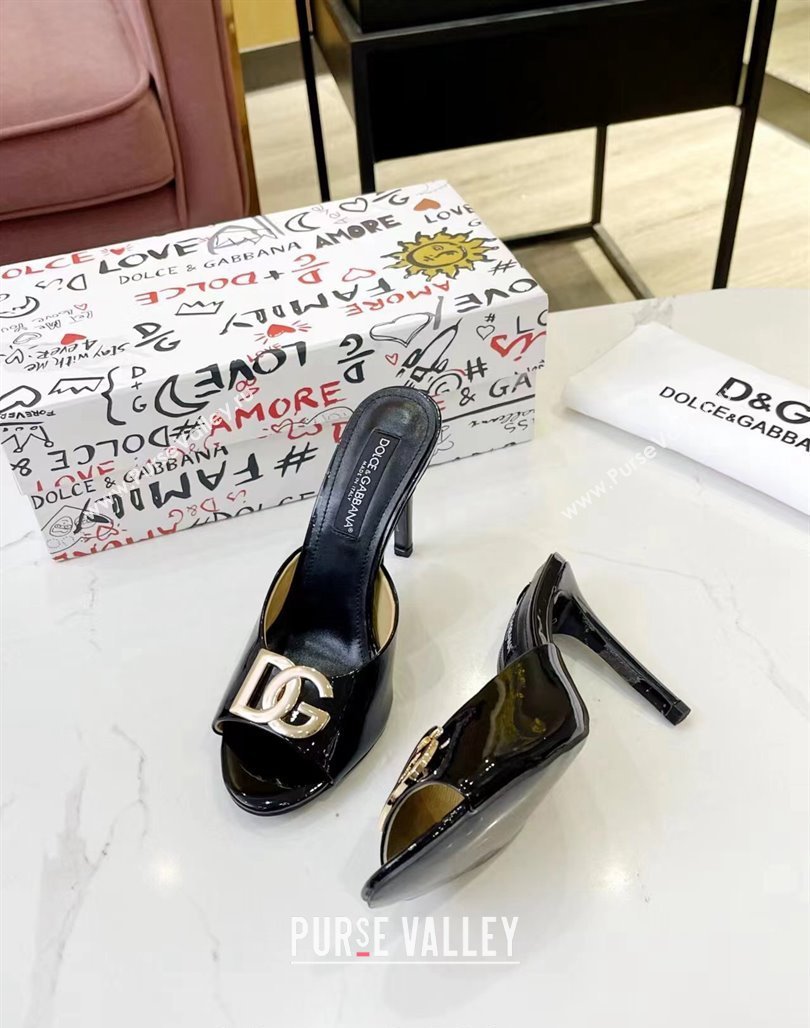 Dolce Gabbana DG Patent Calfskin Heel Slide Sandals Black 2024 0506 (MD-240506078)