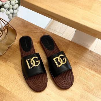 Dolce Gabbana Calfskin Espadrille Flat Slide Sandals Black 2024 0604 (MD-240604105)