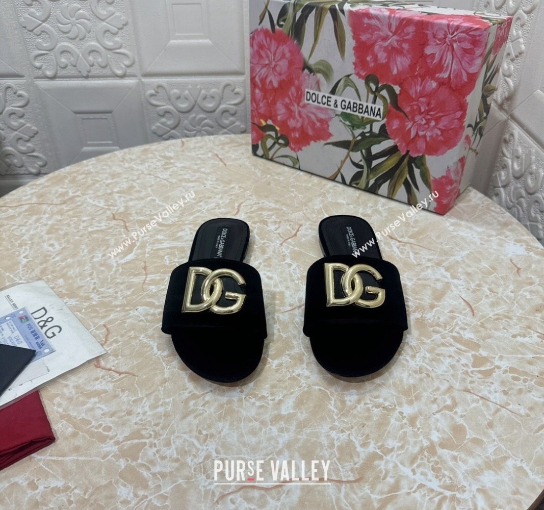 Dolce Gabbana DG Velvet Flat Slide Sandals Black 2024 0604 (MD-240604091)