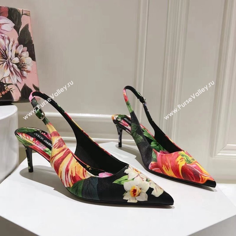 Dolce Gabbana Printed Slingback Pumps 6.5cm/9.5cm Black/Multi 2024 0604 (MD-240604115)