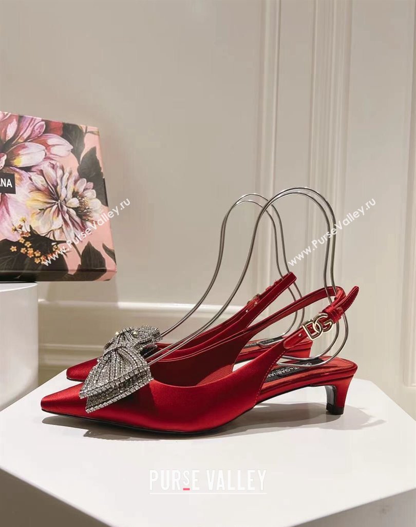 Dolce Gabbana Strass Slingback Pumps 4.5cm in Satin Red 2024 0604 (MD-240604131)