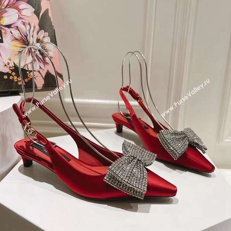 Dolce Gabbana Strass Slingback Pumps 4.5cm in Satin Red 2024 0604 (MD-240604131)