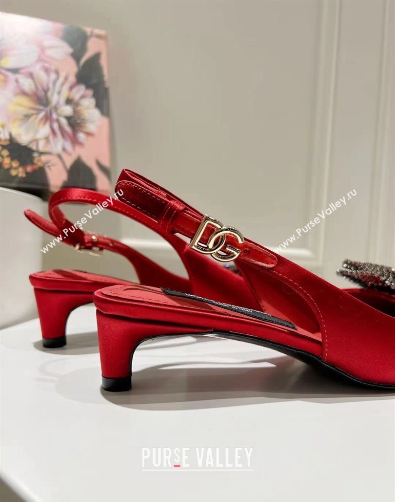 Dolce Gabbana Strass Slingback Pumps 4.5cm in Satin Red 2024 0604 (MD-240604131)