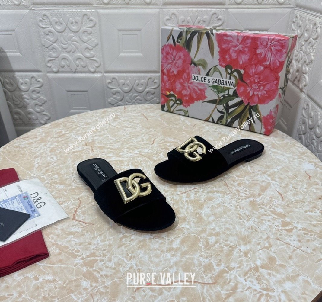 Dolce Gabbana DG Velvet Flat Slide Sandals Black 2024 0604 (MD-240604091)